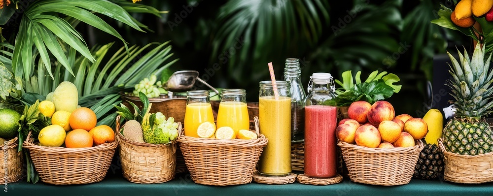 Vibrant display of fresh fruit juices with assorted fruits in woven baskets, set against lush tropical foliage. Vibrant display of fresh fruit juices with assorted fruits in woven baskets, set against lush tropical foliage.