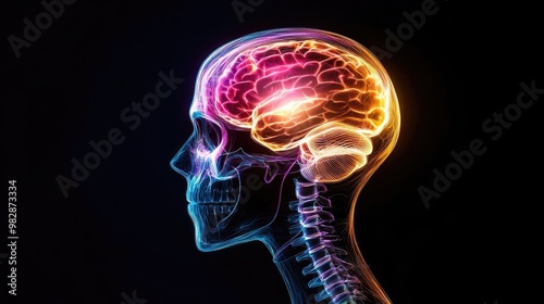 A vibrant illustration of a human skull and brain, showcasing neural connections with glowing colors on a dark background.