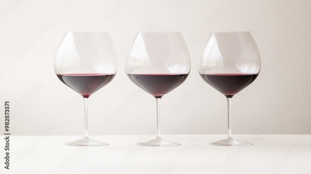 A trio of oversized wine glasses designed for red wine, with a wide bowl for aeration, arranged in a minimalist style on a pristine white surface. A trio of oversized wine glasses designed for red wine, with a wide bowl for aeration, arranged in a minimalist style on a pristine white surface.