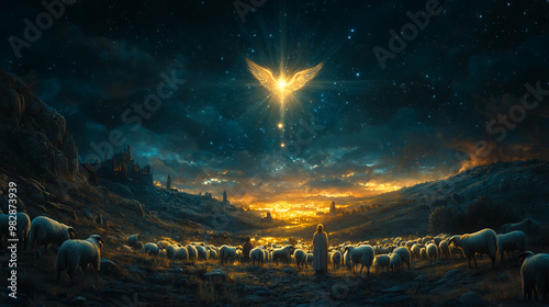 Shepherds Witnessing the Angel’s Announcement Under a Starry Night photo