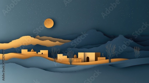 Bethlehem. Night landscape with moon and mountains. Paper art style. Vector illustration. photo