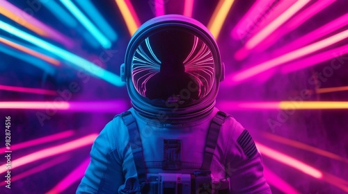 A retro-wave astronaut illuminated by neon tubes in vibrant pink, blue, and violet hues. The front view highlights a stylish space suit in trendy, psychedelic colors.