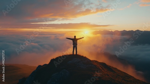 A person standing on a mountaintop at dawn, arms outstretched, symbolizing deep personal belief