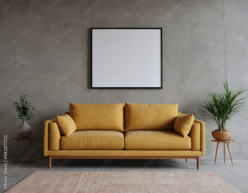 A modern living room with a yellow sofa, a blank picture frame on a concrete wall, and indoor plants. Ideal for showcasing artwork, interior design concepts, or home decor products. A modern living room with a yellow sofa, a blank picture frame on a concrete wall, and indoor plants. Ideal for showcasing artwork, interior design concepts, or home decor products.
