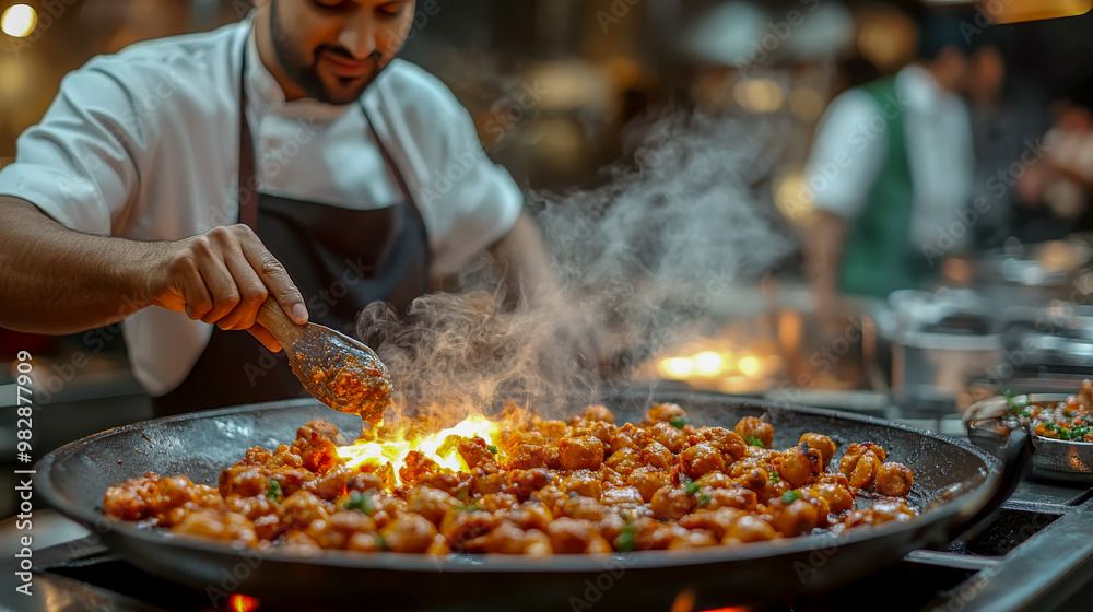 Chef intensely stirring food in a pan with flames and steam in a busy kitchen Chef intensely stirring food in a pan with flames and steam in a busy kitchen