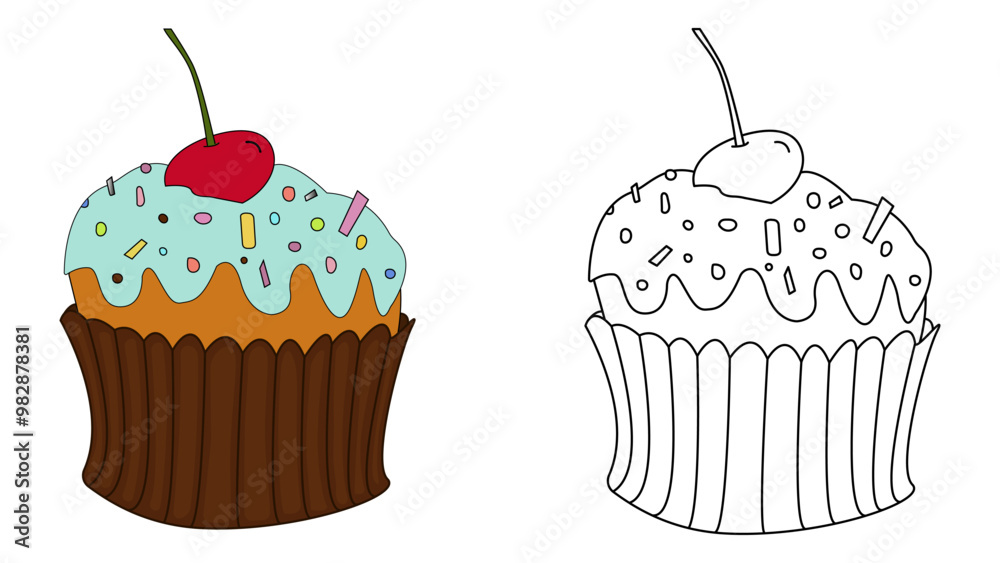 A cupcake with a cherry illustration.  An outline drawing of a cake. A colorful illustration of a cupcake with a cherry on top. 