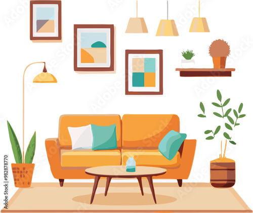 Modern Interior Design with Sofa Set Flat Vector Isolated