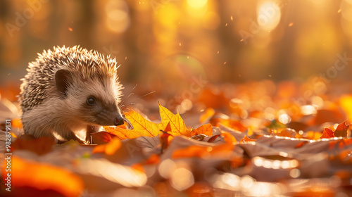 hedgehog in autumn leaves during golden hour. a small hedgehog moving through a bed of orange autumn leaves, illuminated by the golden light of sunset. ideal for nature, wildlife, and autumn-themed ph