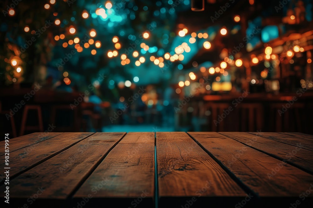 A dimly lit wooden table with glowing string lights creating a warm evening ambiance
