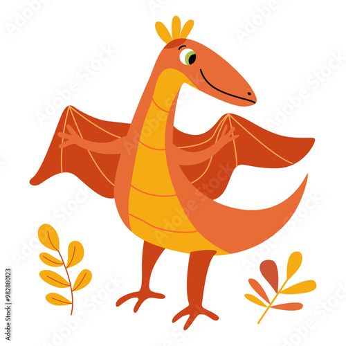 Cute smiling dinosaur with wings in a flat vector style. Friendly and playful design is ideal for children's books, t-shirt, nursery decor, greeting cards, party invitations