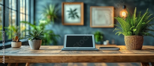 A hybrid office with a focus on mobility, featuring a tablet and wireless earbuds, with a bright, spacious background for text copy space photo