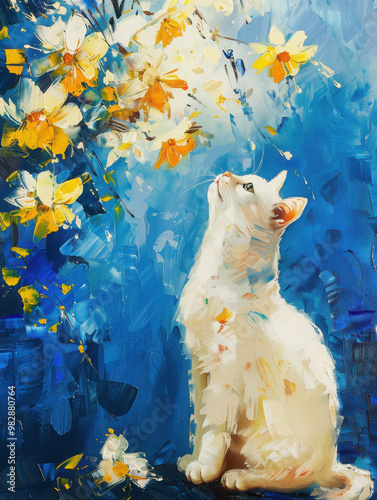 Palette knife oil painting depicts a white cat gazing up at yellow and white flowers, set against a blue backdrop. Vivid colors, crisp details, and pure white background highlight the full-body.