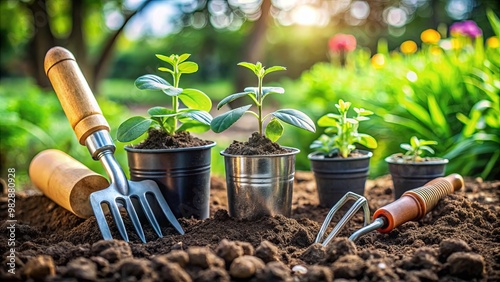 A vibrant garden scene featuring potted seedlings alongside gardening tools, with sunlight filtering through greenery, showcasing growth and nurturing. photo