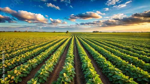 Lush green fields stretch under a vibrant sky, with rows of crops leading toward the horizon, creating a picturesque agricultural landscape. photo