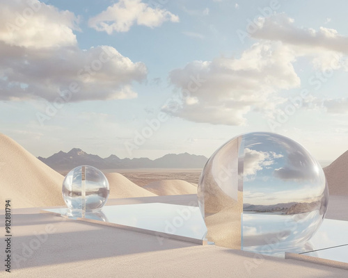 A clean desert landscape with abstract elements, featuring reflective spheres and serene mountains in background. scene evokes sense of tranquility and modernity