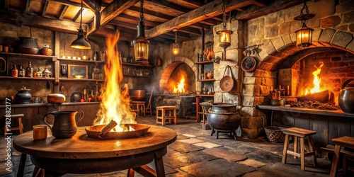 Medieval tavern inn bar with roaring fireplace and cooking pot on fire