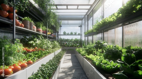 A modern greenhouse filled with various plants and vegetables.