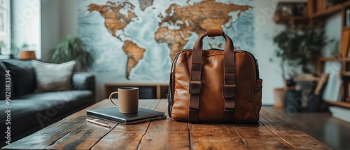 A professional workspace with travelfriendly tech gadgets ready for a business trip, with a clean, white background and room for text copy photo