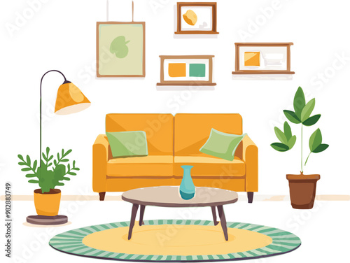 Modern Interior Design with Sofa Set Flat Vector Isolated