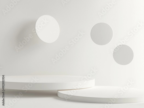 Minimalist design featuring abstract circular shapes in serene white environment, creating sense of calm and modernity. composition emphasizes simplicity and elegance