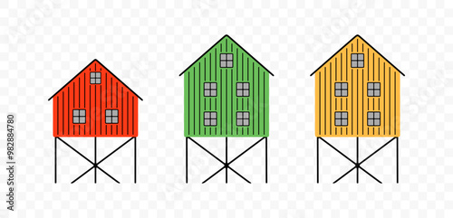 Norwegian fishing homes on stilts, graphic design. Houses on stilts, architecture and cabin, vector design and illustration