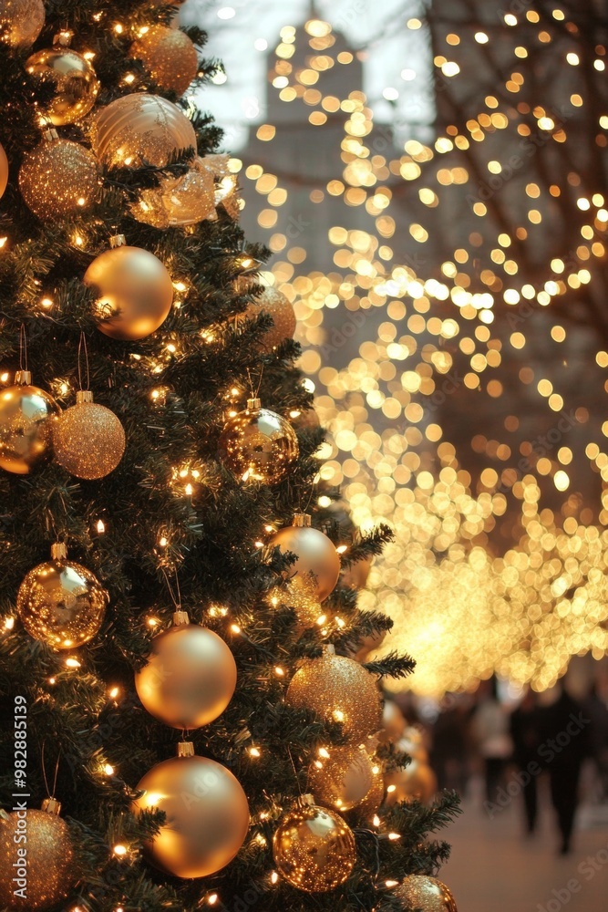 Fototapeta premium Snow-covered Christmas tree adorned with glowing lights on a festive street during a snowy winter evening.