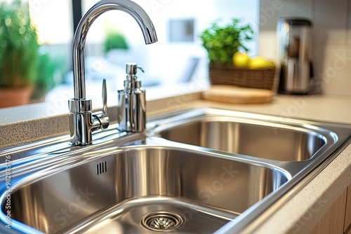 Stainless kitchen sink and Tap water in the kitchen. The interior of the kitchen room of the apartment. Built-In Appliances. Kitchen Appliance. Domestic Appliances