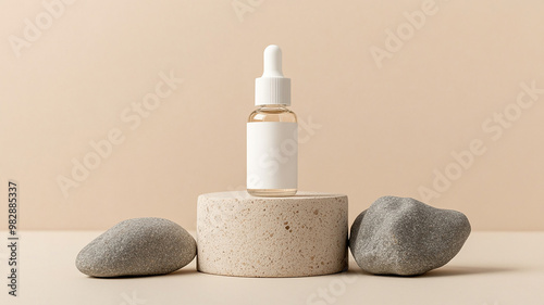 Blank Cosmetic Syrum Dropper Bottle Mockup Isolated on a minimal Podium photo