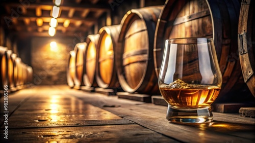 Glass of whisky in dimly lit distillery cellar, showcasing the refined craftsmanship of the spirits industry