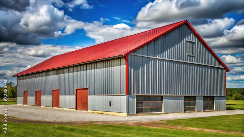 Large barn with gray walls and red roof made from corrugated sheet metal Large barn with gray walls and red roof made from corrugated sheet metal