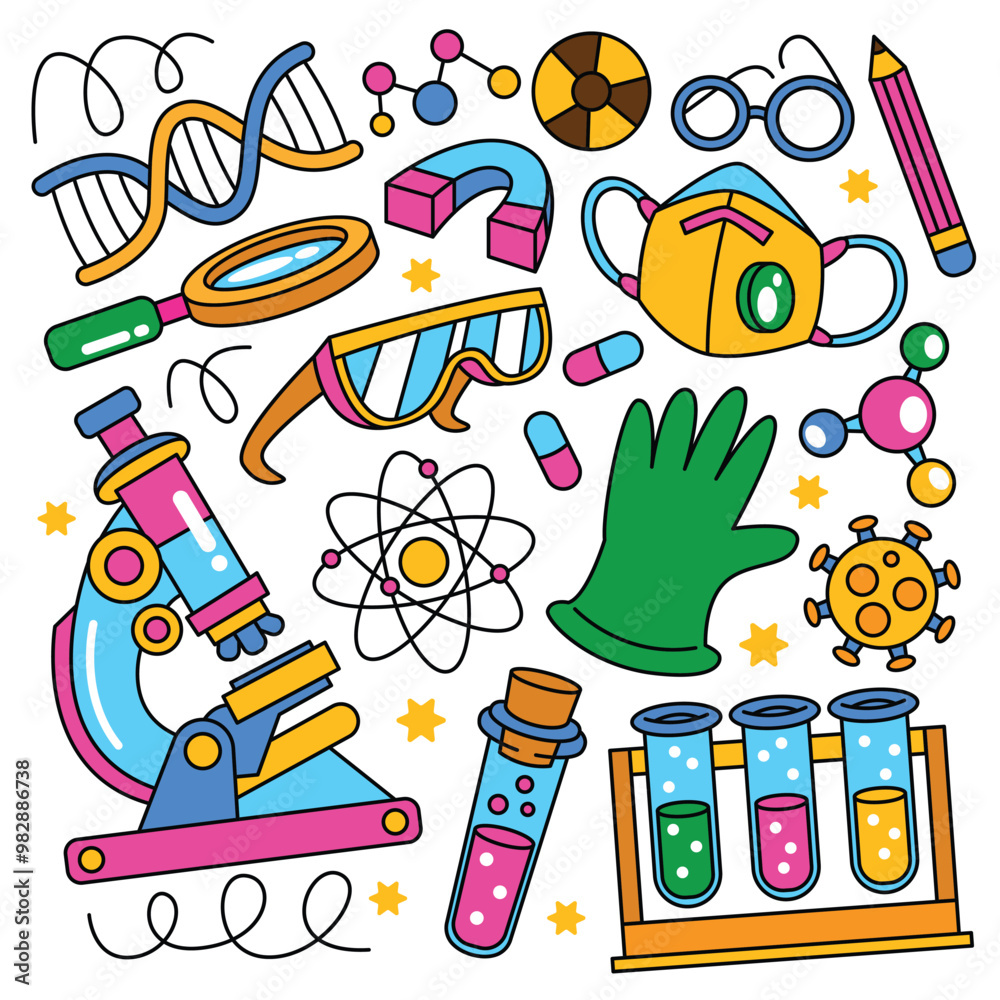 Set of laboratory equipment in doodle style. Hand drawn chemistry and science icons set illustration.