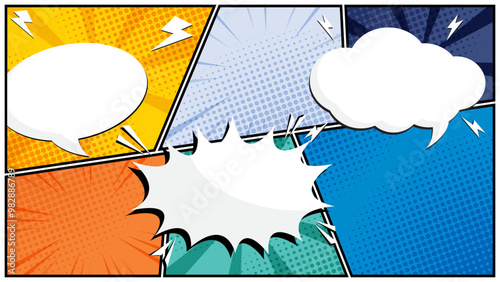 horizontal comic speech bubbles in white clouds on a vibrant pop art background vector illustration