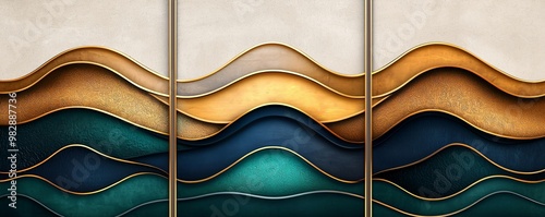 Abstract three panel artwork featuring a blend of metallic textures and deep jewel tones with layers of gold bronze and emerald creating a luxurious modern look