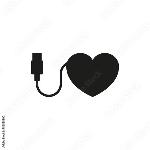 Heart with usb connector and cable. Isolated vector icon on white background.