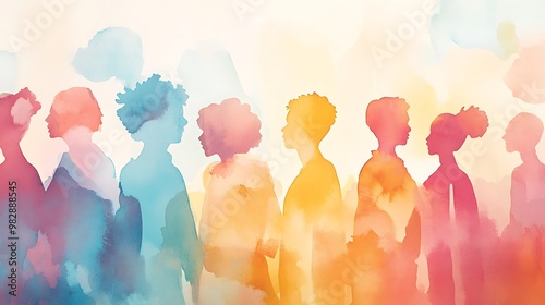 Ethereal Watercolor Portrayal of Diverse People with Soft Brush Strokes and Fluid Movement in Pastel Tones