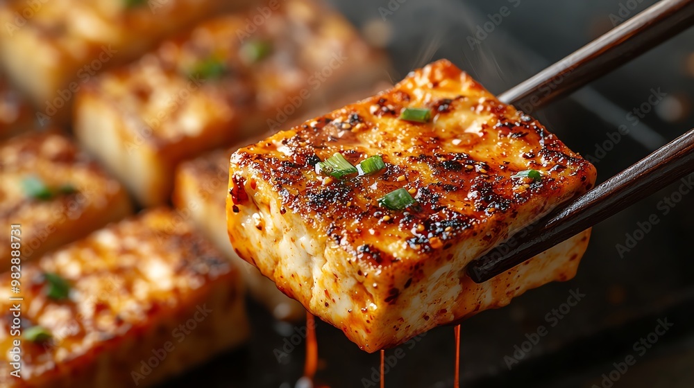 Close-up of crispy, golden brown tofu being lifted with chopsticks from a pan. Close-up of crispy, golden brown tofu being lifted with chopsticks from a pan.