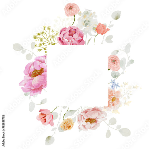Fototapeta Naklejka Na Ścianę i Meble -  Watercolor floral frame bright summer spring png clipart pink peony colorful florals