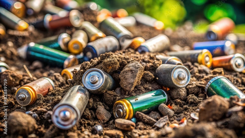 Stock photo showing used batteries buried in the ground, highlighting the concept of environmental protection and recycling Stock photo showing used batteries buried in the ground, highlighting the concept of environmental protection and recycling