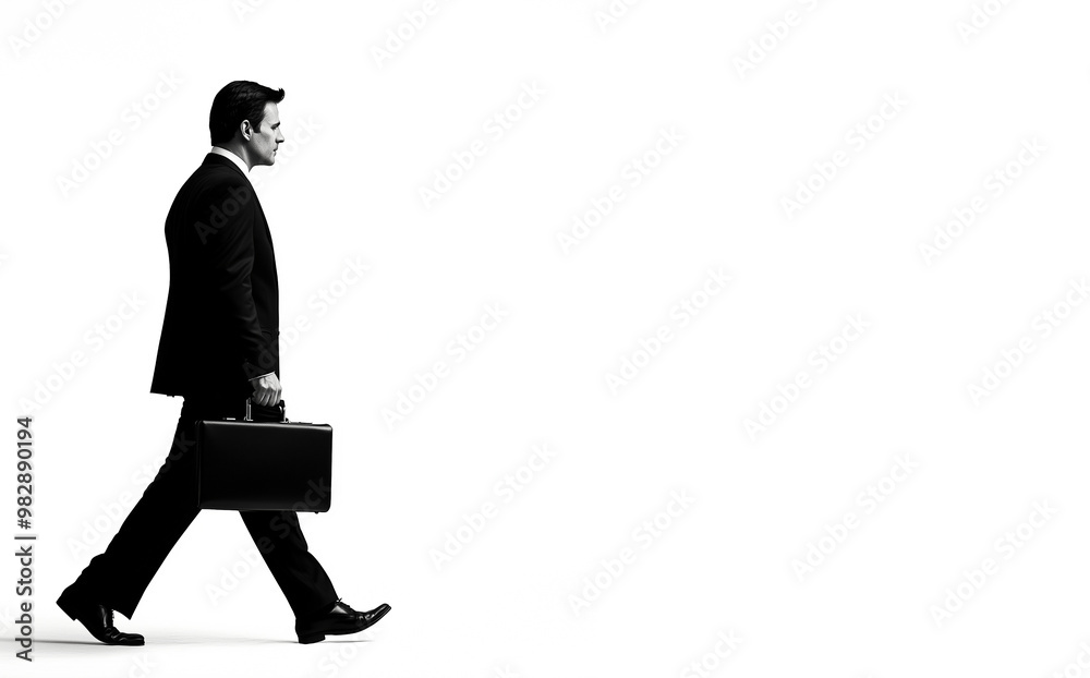A businessman in a suit walks confidently with a briefcase, embodying professionalism and determination against a minimalist background. A businessman in a suit walks confidently with a briefcase, embodying professionalism and determination against a minimalist background.