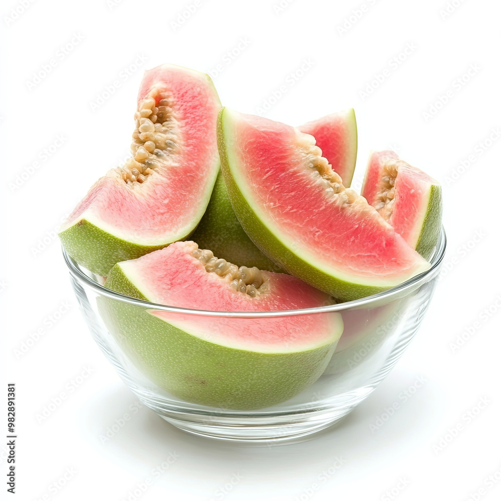 Fresh guava slices in clear bowl showcase their vibrant pink flesh and green skin, creating delightful and appetizing display. This tropical fruit is perfect for healthy snacking Fresh guava slices in clear bowl showcase their vibrant pink flesh and green skin, creating delightful and appetizing display. This tropical fruit is perfect for healthy snacking