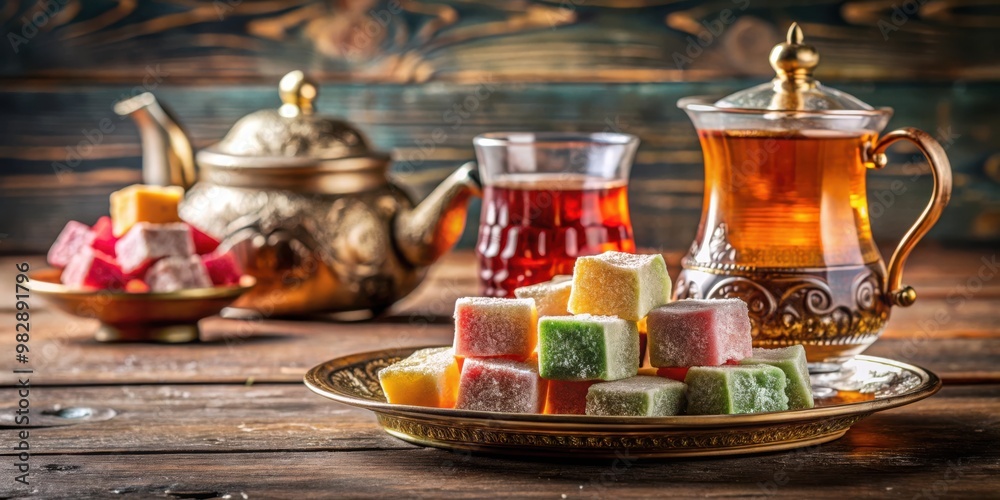 An elegant display of Turkish delight and tea for a delightful tea time setting An elegant display of Turkish delight and tea for a delightful tea time setting