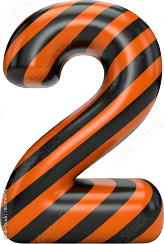 Glossy 3D Number 2 with Diagonal Orange and Black Stripes