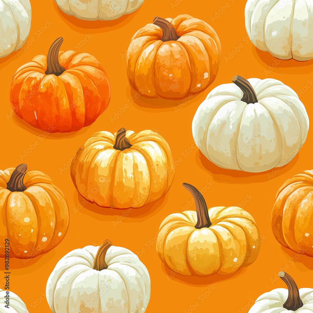 Various orange and white pumpkins seamless pattern on orange background Various orange and white pumpkins seamless pattern on orange background