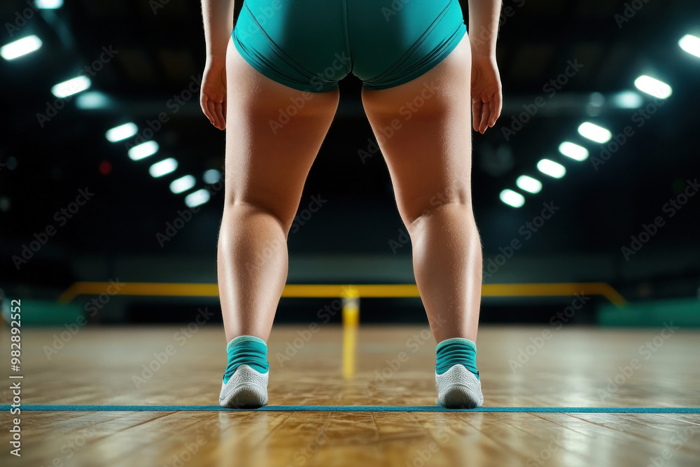 Naklejka premium A gymnast standing on the edge of a high beam, fear of failure visible in their trembling hands before they take the leap