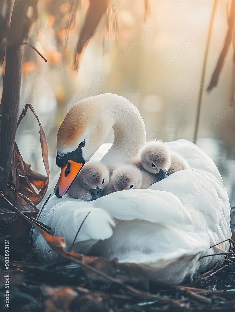 Obraz premium A swan with its cygnets nestled in its feathers.