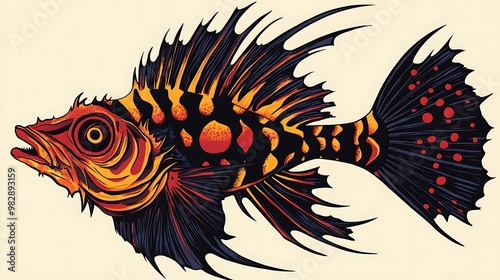 Retro Style Illustration of a Venomous Fish with Bold Lines and Vivid Colors photo