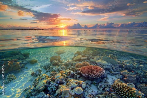 Fototapeta Naklejka Na Ścianę i Meble -  A serene beach sunset with colorful coral reefs beneath the clear waters ,The sun sets gracefully over a coral reef and a tropical island