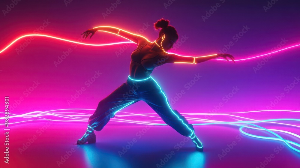 Capture the dynamic essence of a dancer with neon trails in a wide-angle view, rendered in a digital CG 3D format for a modern and sleek aesthetic Capture the dynamic essence of a dancer with neon trails in a wide-angle view, rendered in a digital CG 3D format for a modern and sleek aesthetic
