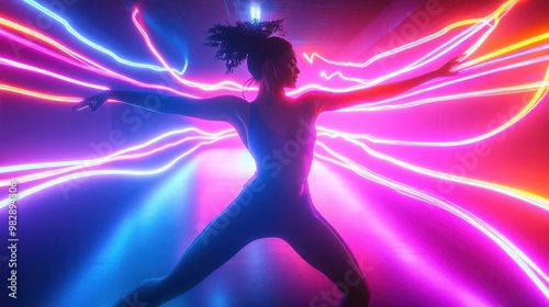 Capture the dynamic essence of a dancer with neon trails in a wide-angle view, rendered in a digital CG 3D format for a modern and sleek aesthetic