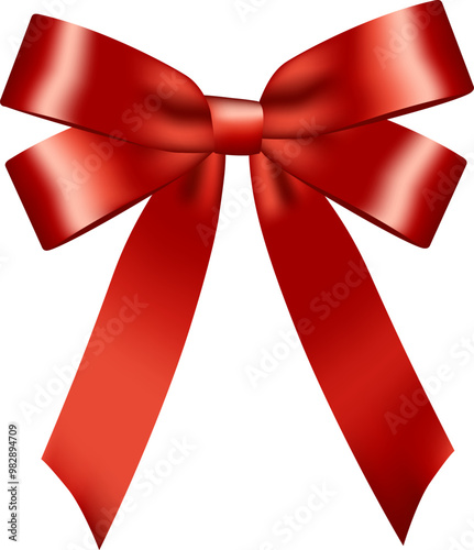 Decorative red ribbon bow element. Isolated mockup for Christmas, New year, Birthday, Valentine's, Wedding, Holiday or Event decoration. Realistic illustration.